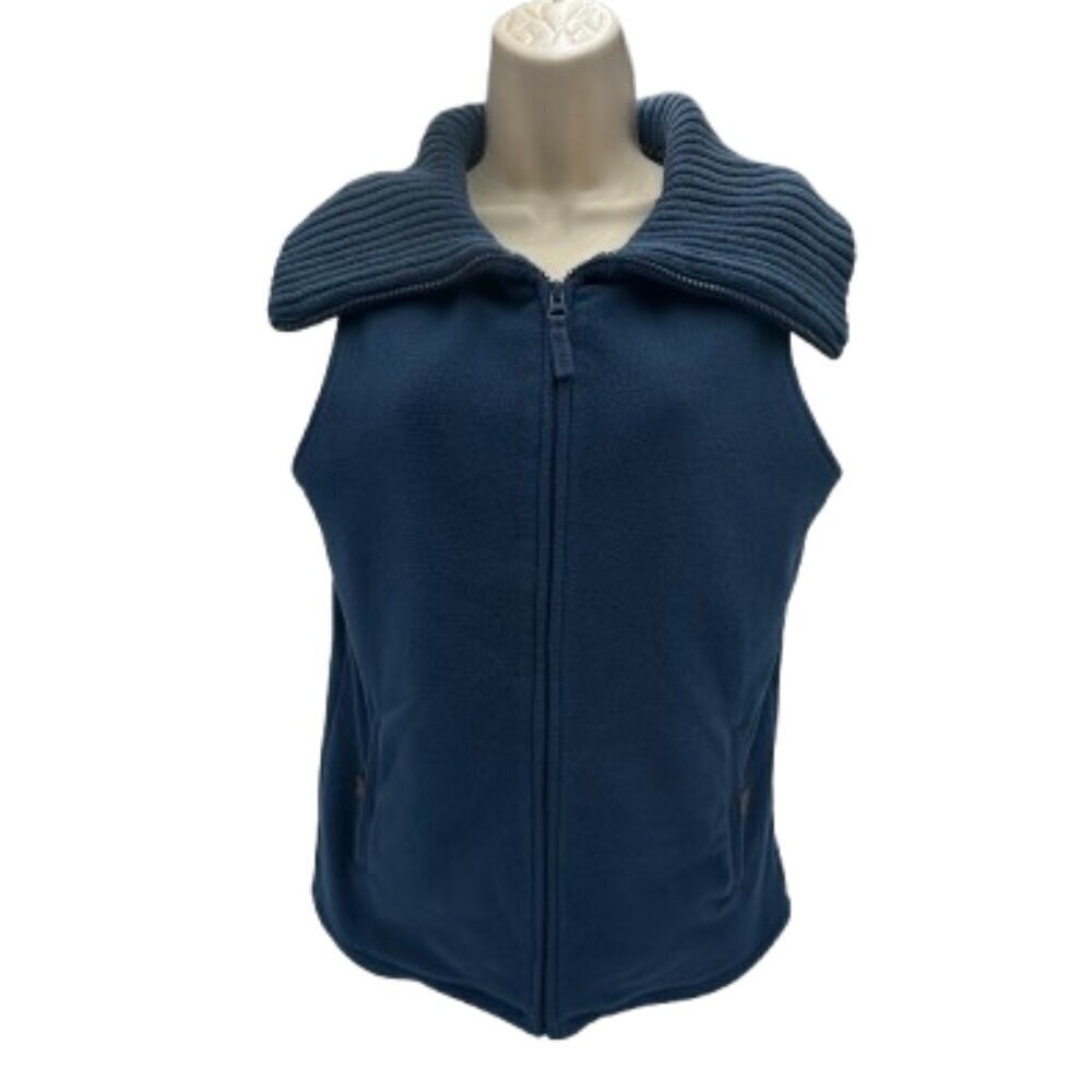Lands' End Women's Small  Blue Fleece Zip Up Wide Ribbed Knit Collar Vest